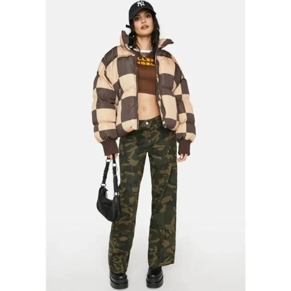 Edikted Checkerboard Puffer Jacket Womens Size S Brown & Beige Zipper Closure - Picture 3 of 9